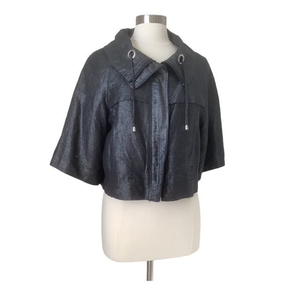 $198 Sandro  Linen Blend Metallic Cropped Swing Moto Jacket M - Picture 14 of 16